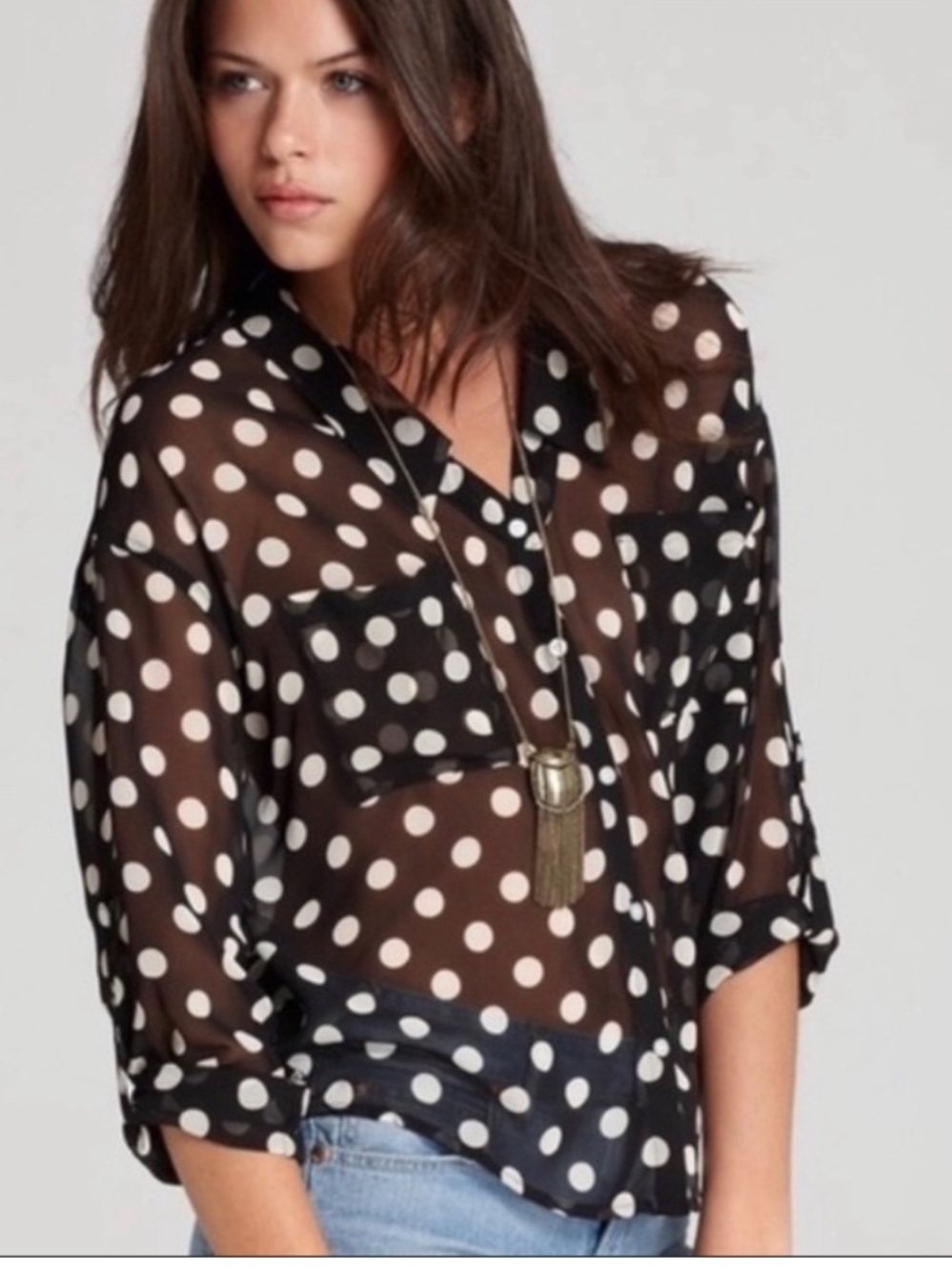 Free People Easy Rider Polka Dot Sheer Blouse Size M